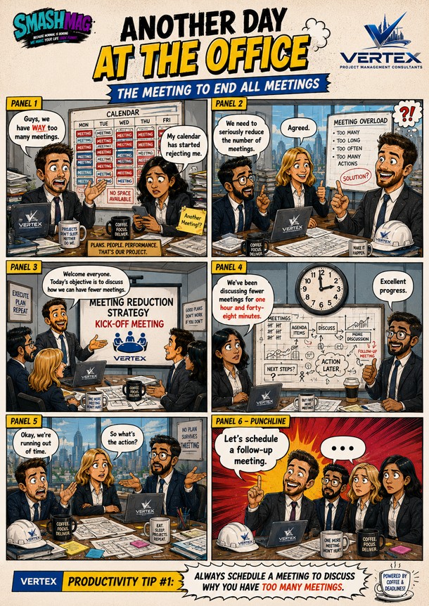 Comic strip page: The Meeting to End All Meetings, six office panels